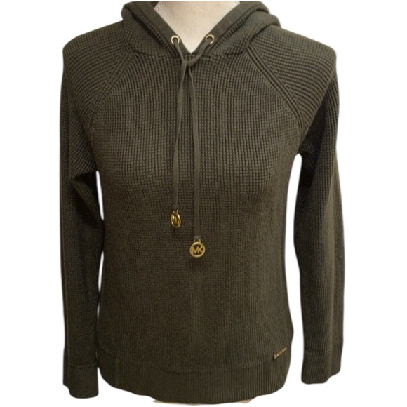 Michael Kors Ivy Green Waffle Knit Hooded Sweater Gold Logo Accents Sporty Sz L - Picture 1 of 11